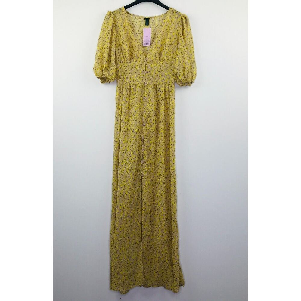 Wild Fable Women's XS Dress Tan Yellow Floral Sheer Maxi Button Up NWT BK12